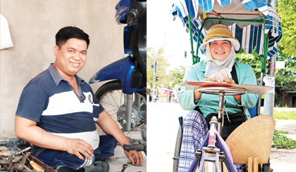 Anh Nguyễn Văn Dương, ngụ ấp Thanh Đăng, xã Thanh Bình, huyện Chợ Gạo, bị sốt bại liệt từ 3 tuổi. Hiện anh Dương 35 tuổi, mưu sinh bằng nghề sửa xe máy và bán điện thoại di động, card điện thoại và Chị Nguyễn Thị Hiếu, 49 tuổi, ngụ ấp Hòa Lợi Tiểu, xã Bình Ninh, huyện Chợ Gạo. Chị bị nhiễm chất độc da cam, 2 chân không đi được. Hiện chị mưu sinh bằng nghề bán vé số.