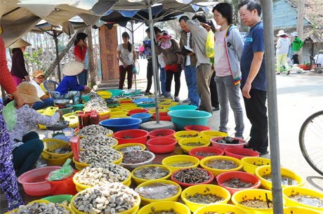 Du khách mua hải sản ở Khu du lịch biển Tân Thành.