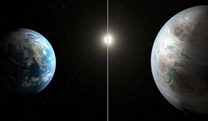 Trái đất (trái) bé hơn một chút so với hành tinh Kepler-452b (Ảnh NASA).