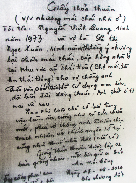 Giấy thỏa thuận do vợ chồng ông Nguyễn Vĩnh Quang đứng bán (không phải ông Nguyễn Minh Tuấn