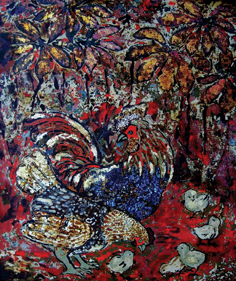 Gà trong tranh sơn mài của họa sĩ Calê Dũng.