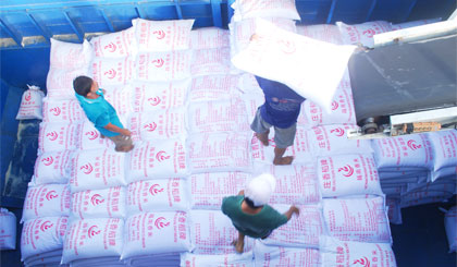 Công ty TNHH Việt Hưng đưa gạo xuống sà lan để xuất sang Trung Quốc.