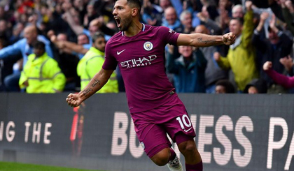 Sergio Agüero ăn mừng sau bàn thắng ghi được trong trận gặp Watford. (Nguồn: AFP/Getty Images)