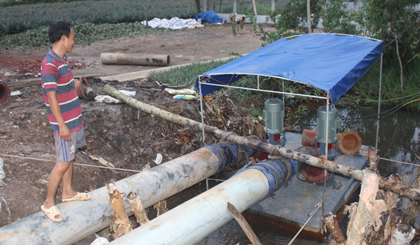 Các điểm bơm chống úng ở huyện Tân Phước khẩn trương bơm dự phòng.