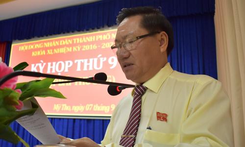 Đồng chí Đặng Thanh Liêm, Bí thư Thành ủy, Chủ tịch HĐND TP. Mỹ Tho phát biểu