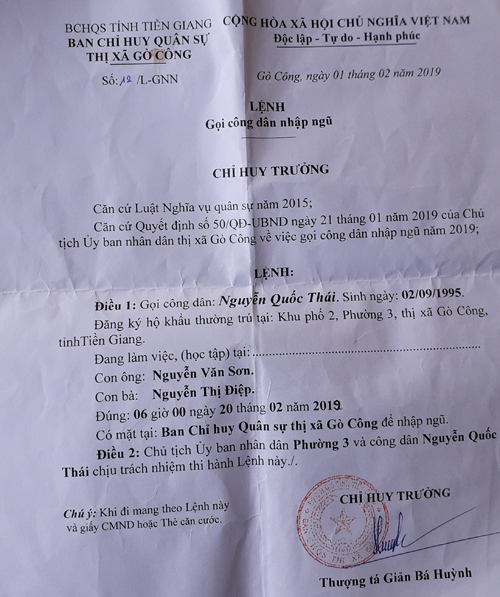 Chú thích ảnh: Lệnh gọi nhập ngũ của Thái.