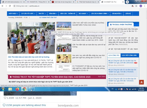 Trang thông tin điện tử có địa chỉ http://cantho.edu.vn của Sở Giáo dục và Đào tạo thành phố Cần Thơ. (Nguồn: Vietnam+)
