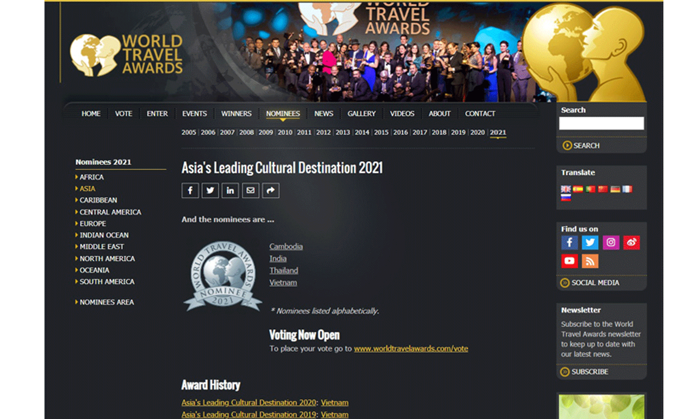 Cùng bình chọn cho du lịch Việt Nam tại WTA 2021 (Ảnh: Chụp màn hình)