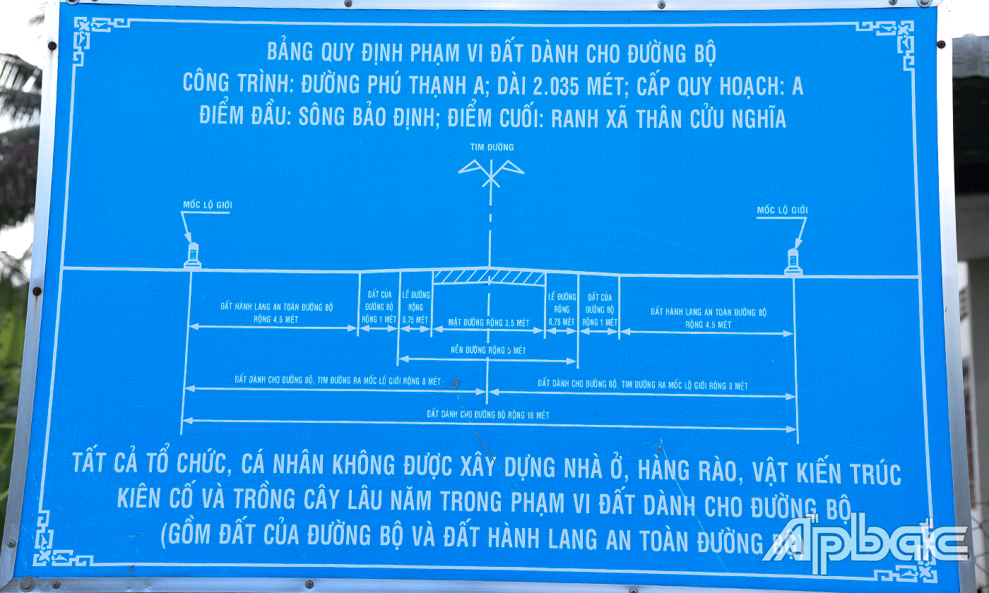 Bảng quy định phạm vi đất dành cho đường bộ thẻ hiện rõ và đầy đủ các thông tin đất dành cho đường bộ rộng 16 mét.