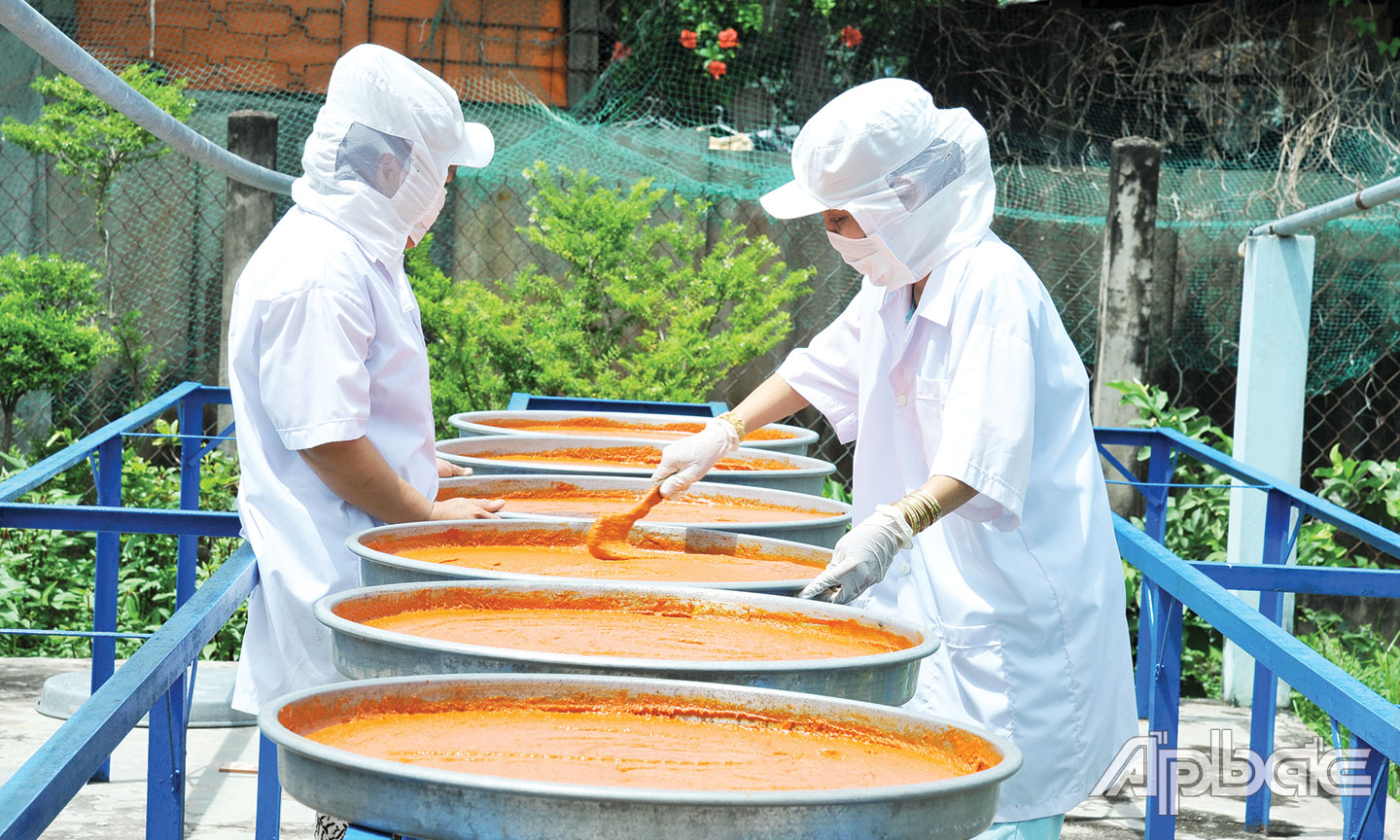 Quy trình làm mắm tôm chà của cơ sở mắm tôm chà Kim Sa nổi tiếng của đất Gò Công. Ảnh: Lập Đức.