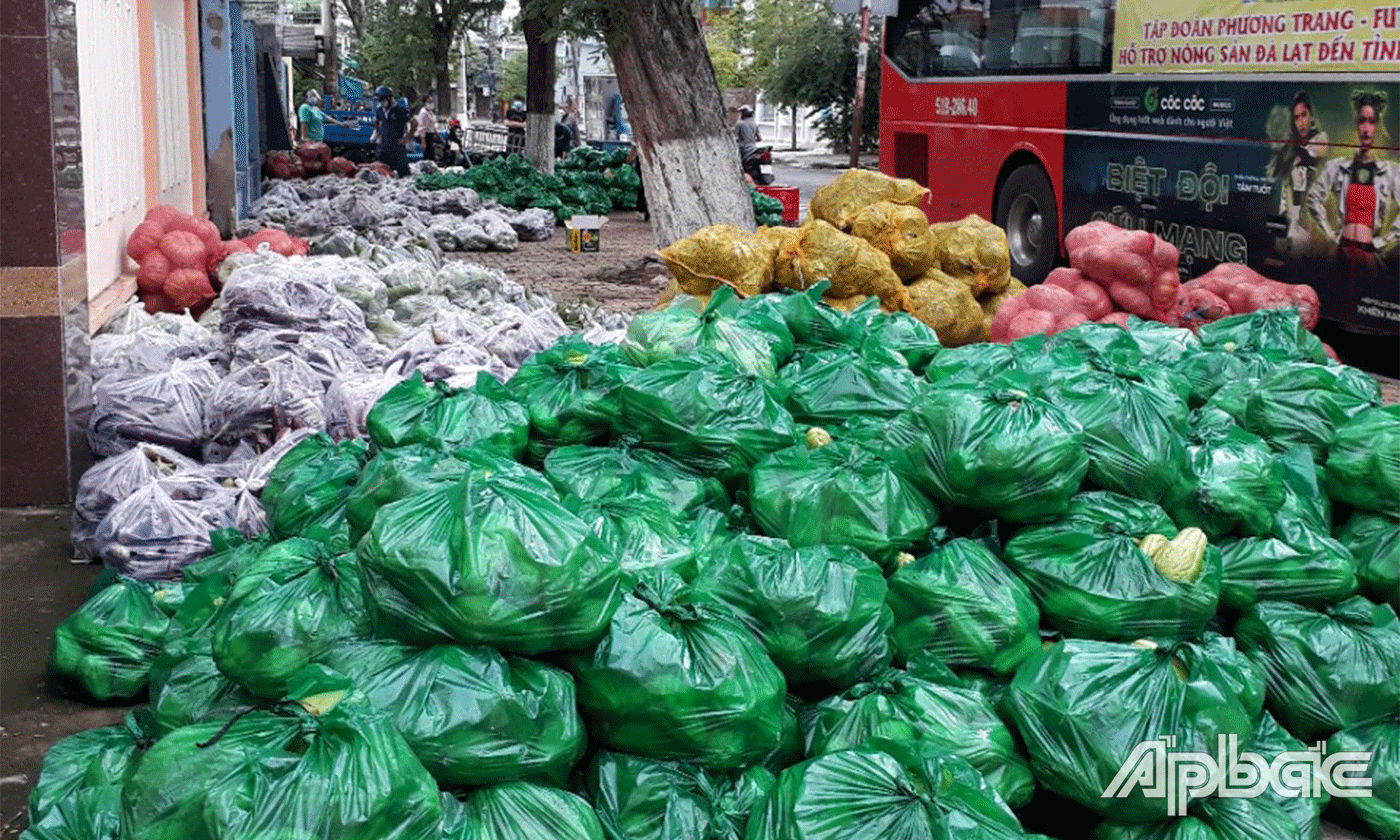 2 xe tải nông sản hơn 11 tấn phân bổ cho TP. Mỹ Tho được tập kết tại UB MTTQ thành phố vào chiều 22-9.