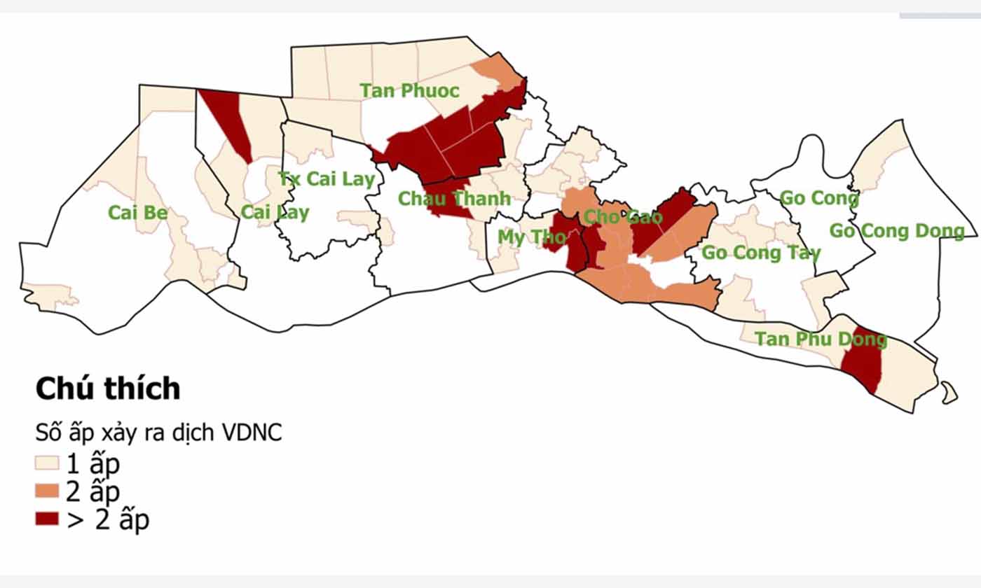 Bản đồ dịch tễ bệnh viêm da nổi cục trên địa bàn tỉnh Tiền Giang.