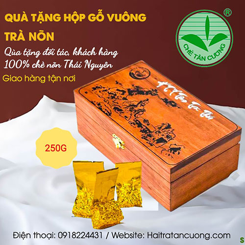Hộp gỗ vuông trà nõn phù hợp tặng dịp lễ Tết.