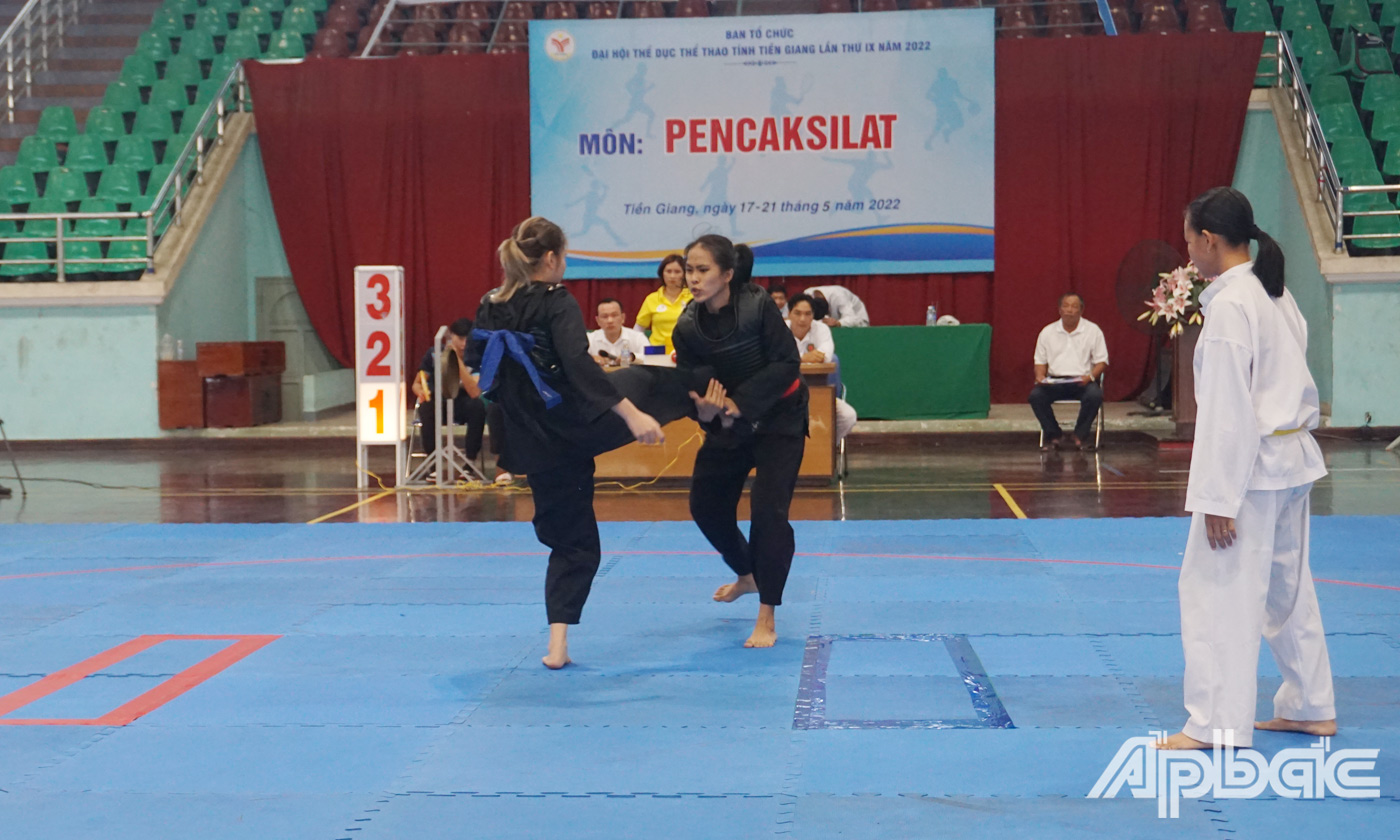 Trận thi đấu của VĐV đến từ đơn vị Chợ Gạo (đai đỏ) và Tân Phước (đai xanh)