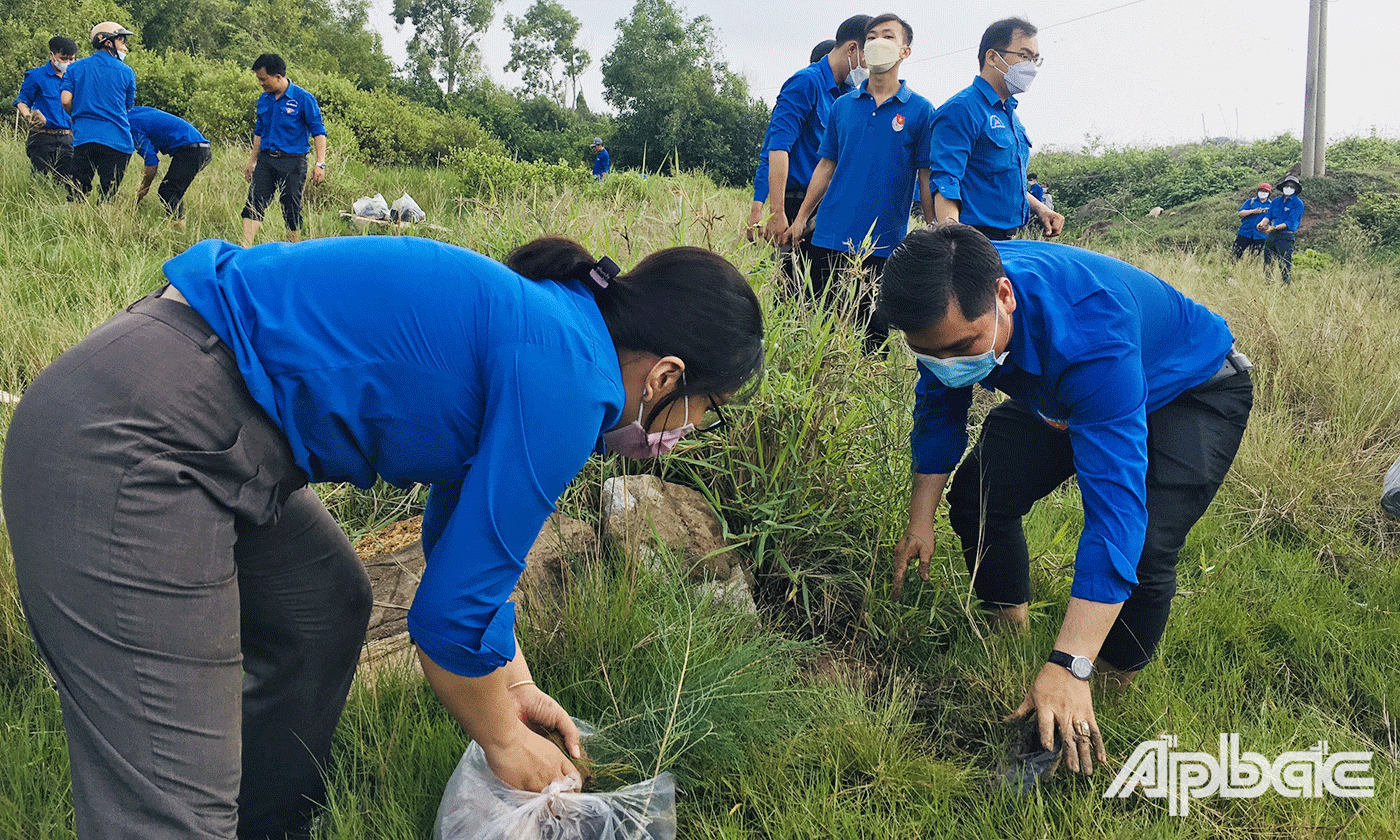 Đoàn viên, thanh niên, học sinh trồng cây xanh phòng chống xâm nhập mặn, bảo vệ đê biển 