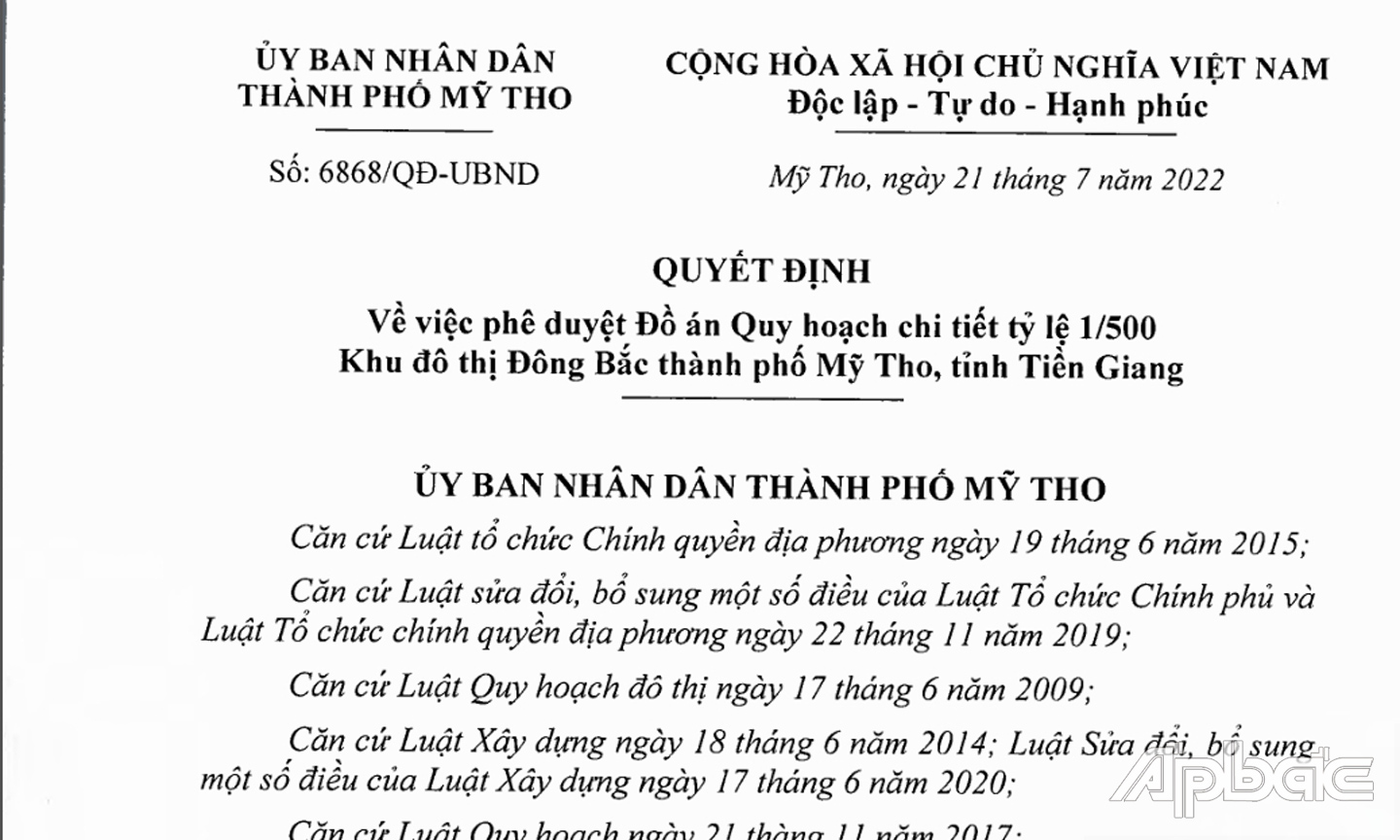 Quyết định 6868 của Chủ tịch UBND TP. Mỹ Tho.