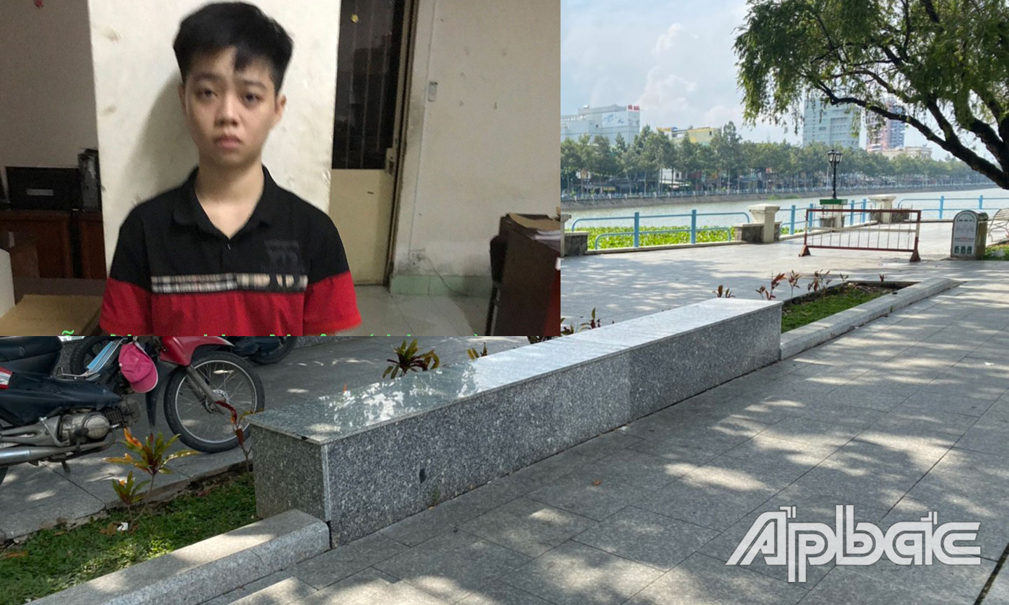 Ngân và vị trí băng đá tại công viên Tết Mậu Thân nơi xảy ra vụ cướp.