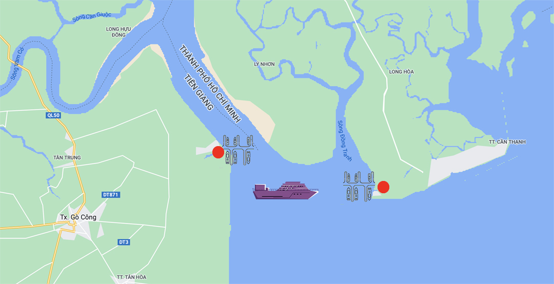 Vị trí 2 bến của tàu ở 2 địa phương. Ảnh: MH