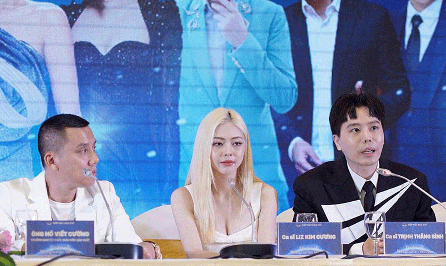 Đạo diễn Hồ Viết Cường, các ca sĩ Liz Kim Cương và Trịnh Thăng Bình tại buổi họp báo.