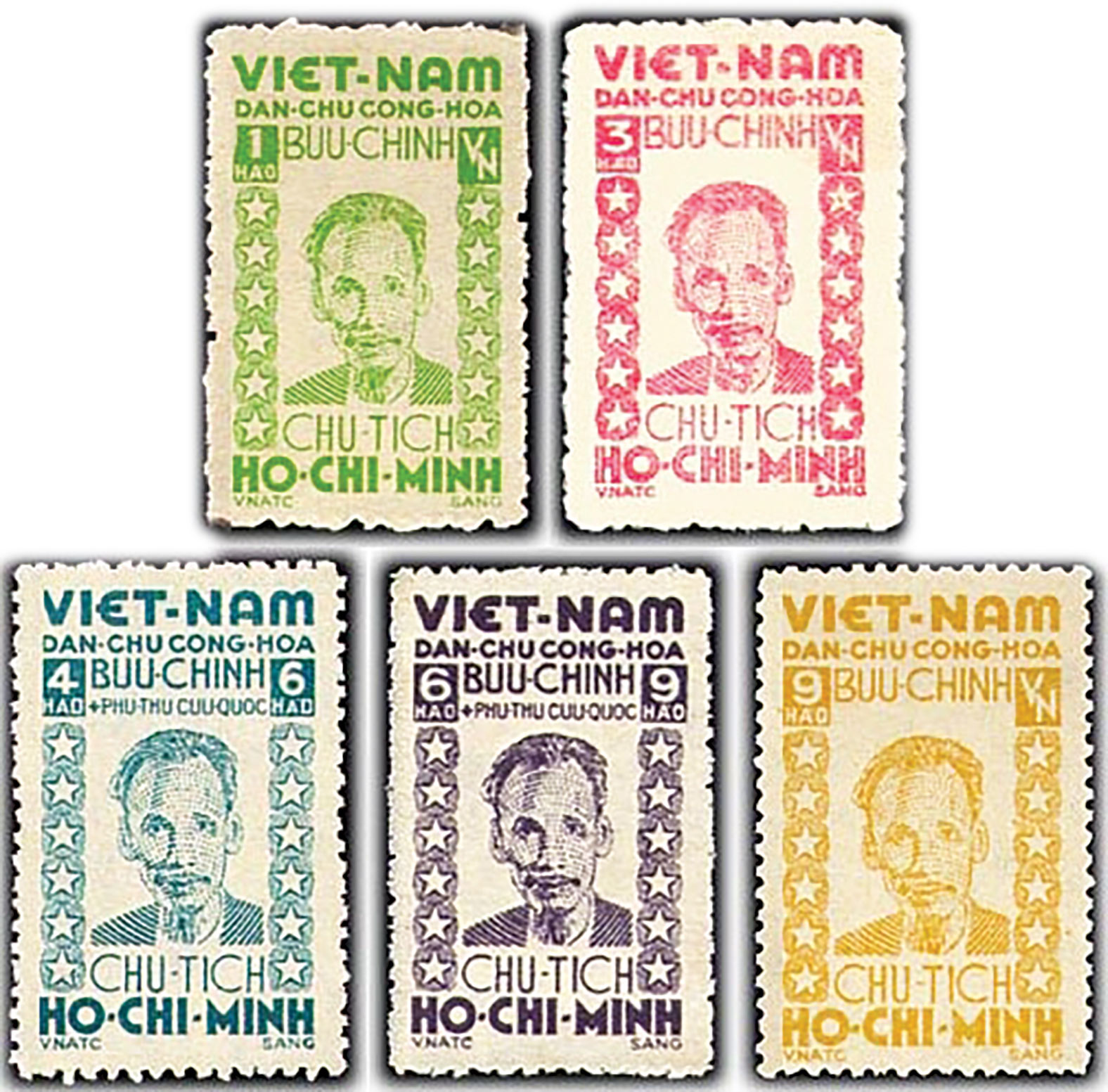 Bộ tem đầu tiên của nước Việt Nam độc lập do họa sĩ Nguyễn Sáng vẽ.