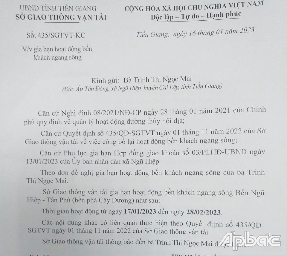 Giấy phép gia hạn của bến phà Cây Dương.