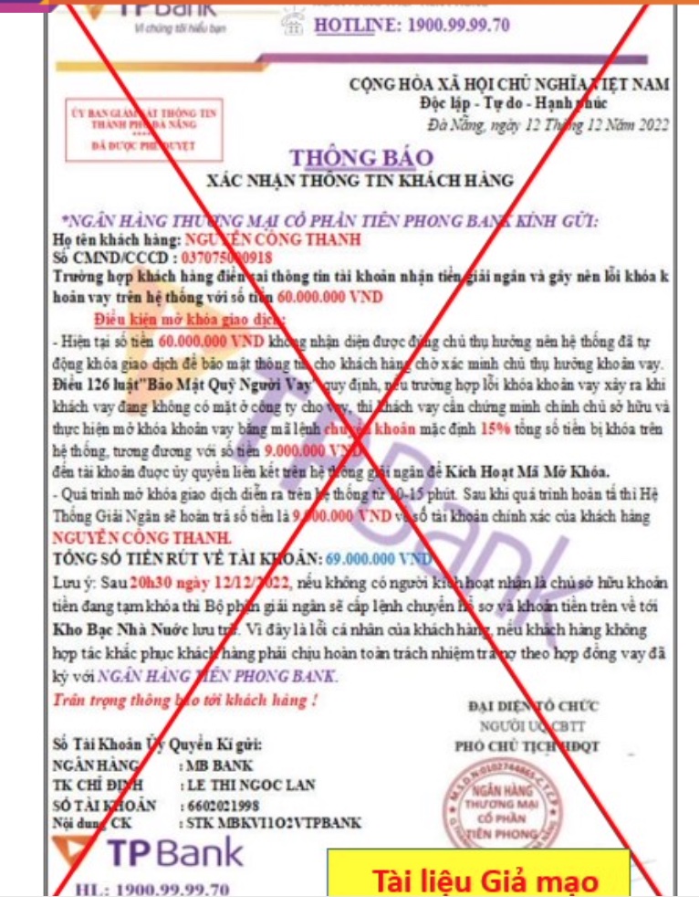 Thông báo giả mạo Ngân hàng TPBank.