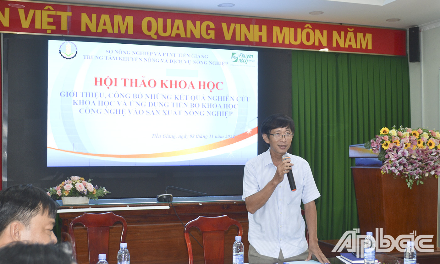 Đồng chí Trịnh Công Minh phát biểu tại buổi Hội thảo khoa học “Giới thiệu, công bố những kết quả nghiên cứu khoa học và ứng dụng tiến bộ khoa học công nghệ vào sản xuất nông nghiệp”.