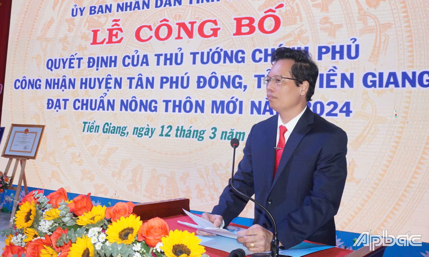 Đồng chí Nguyễn Thành Diệu, Phó Chủ tịch UBND tỉnh Tiền Giang phát biểu tại Lễ công bố.