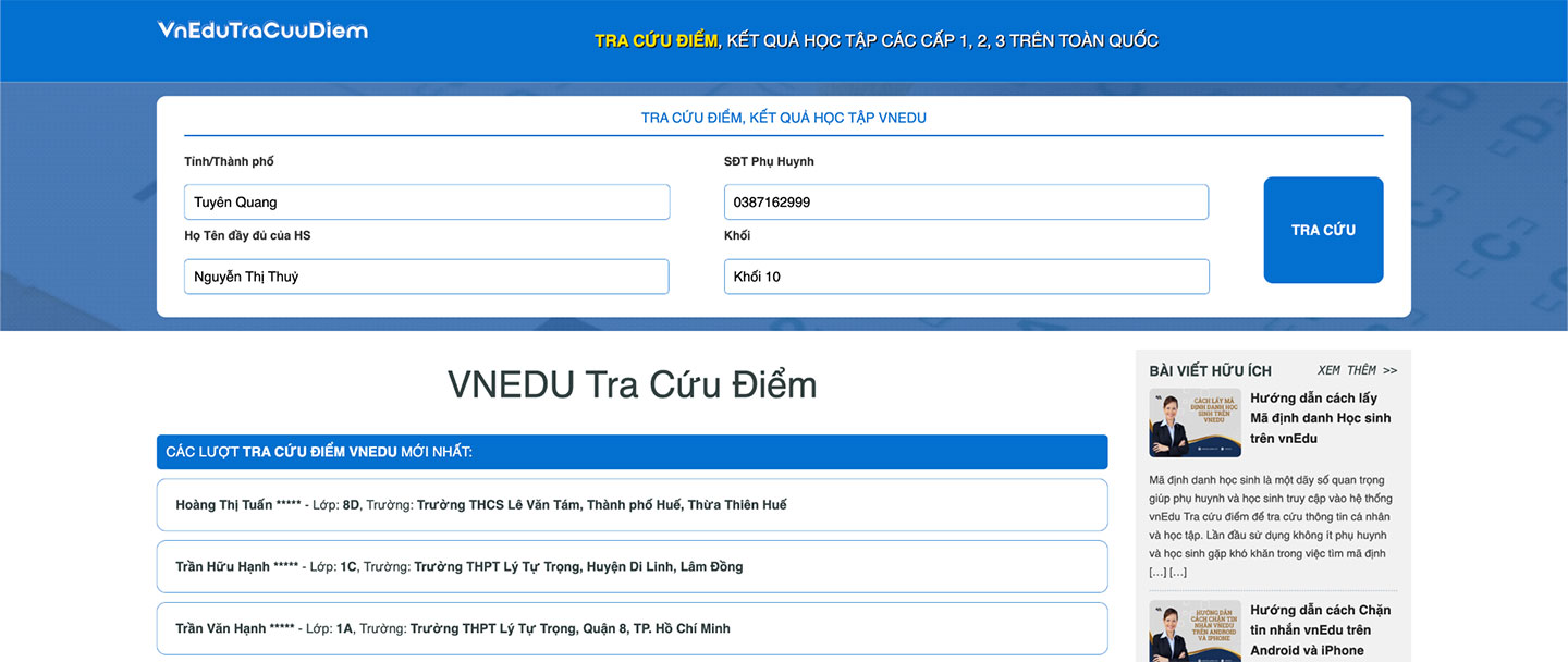 Nhập đầy đủ thông tin để Tra cứu điểm học sinh.