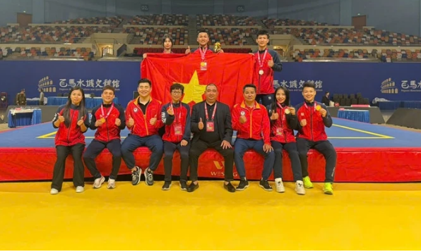 Tuyển wushu Việt Nam đã giành 4 HCV ở Cúp tán thủ thế giới 2025. Ảnh: VŨ VĂN