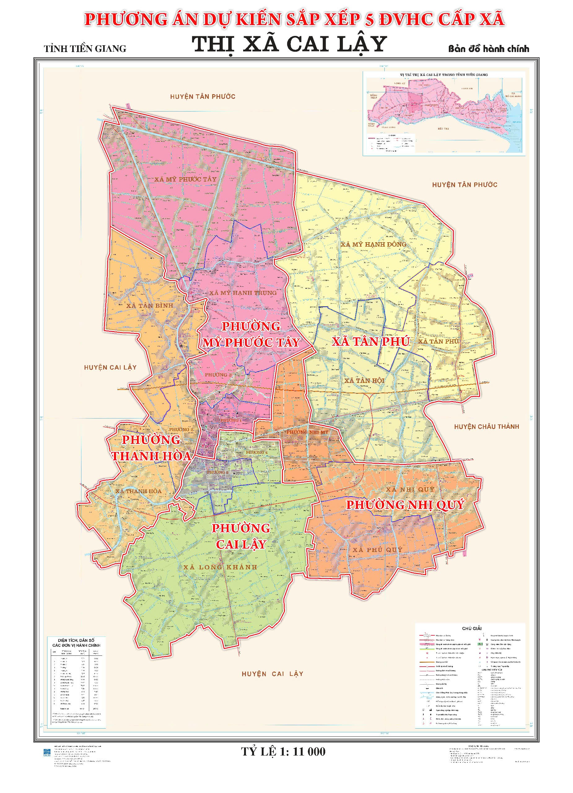 Bản đồ hành chính Thị xã Cai Lậy dự kiến sau sắp xếp lại đơn vị hành chính cấp xã