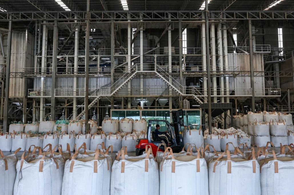 Công nhân sử dụng xe nâng để di chuyển các bao gạo xuất khẩu tại một nhà máy xay xát gạo ở tỉnh Nakhon Pathom, Thái Lan. Ảnh: Reuters