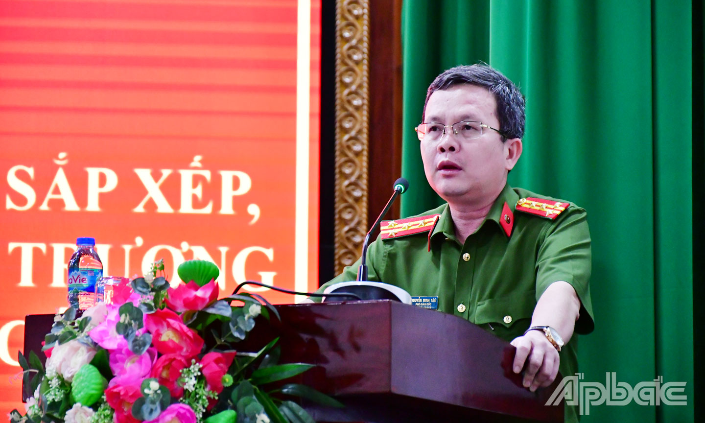 Đại tá Nguyễn Minh Tân, Phó Giám đốc Công an tỉnh phát biểu chỉ đạo. Ảnh: Đặng Thanh