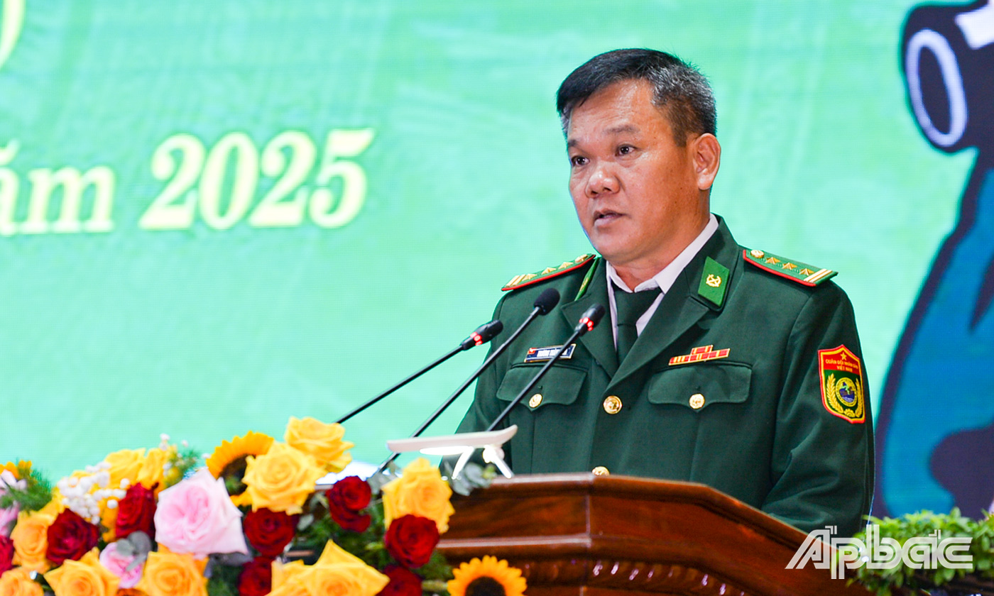 Thượng tá Trương Thành Tiến, Chỉ huy Trưởng Bộ Chỉ huy BĐBP tỉnh Tiền Giang đọc diễn văn ôn lại truyền thống BĐBP tỉnh.