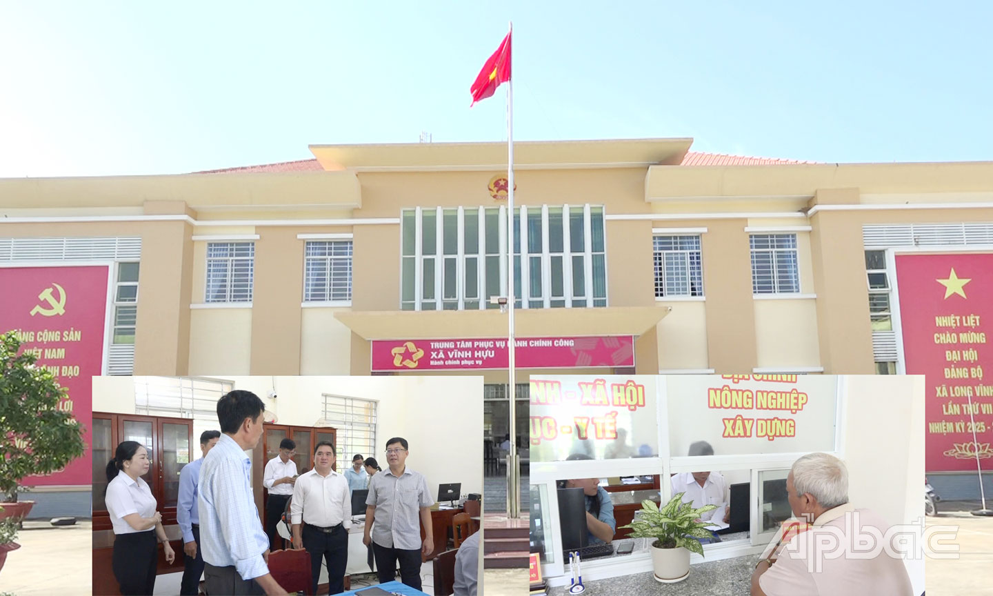 Lãnh đạo tỉnh kiểm tra công tác chuẩn bị tại Trung tâm hành chính công của xã Vĩnh Hựu.  Ảnh: KIM LAN