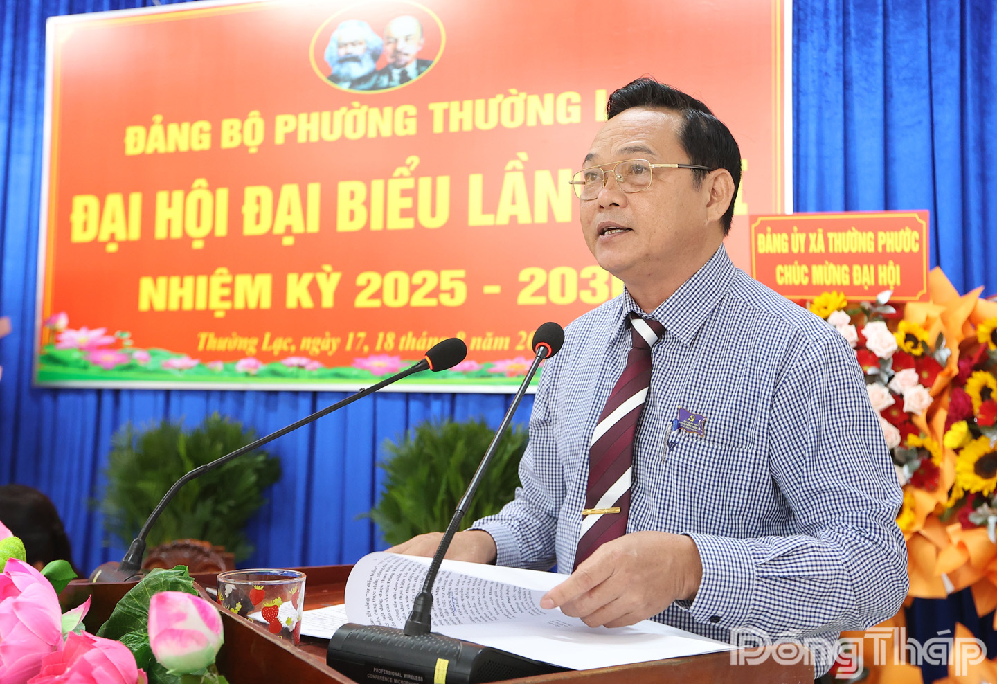 Đại tá Phạm Văn Thanh, Ủy viên Ban Thường vụ Tỉnh ủy, Chỉ huy Trưởng Bộ Chỉ huy quân sự tỉnh Đồng Tháp phát biểu chỉ đạo Đại hội. (Ảnh: Thành Trí)