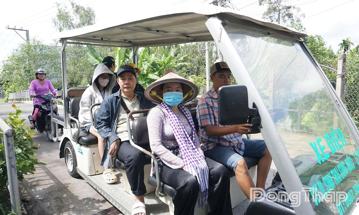 Du khách di chuyển bằng xe điện tại cù lao Thới Sơn.