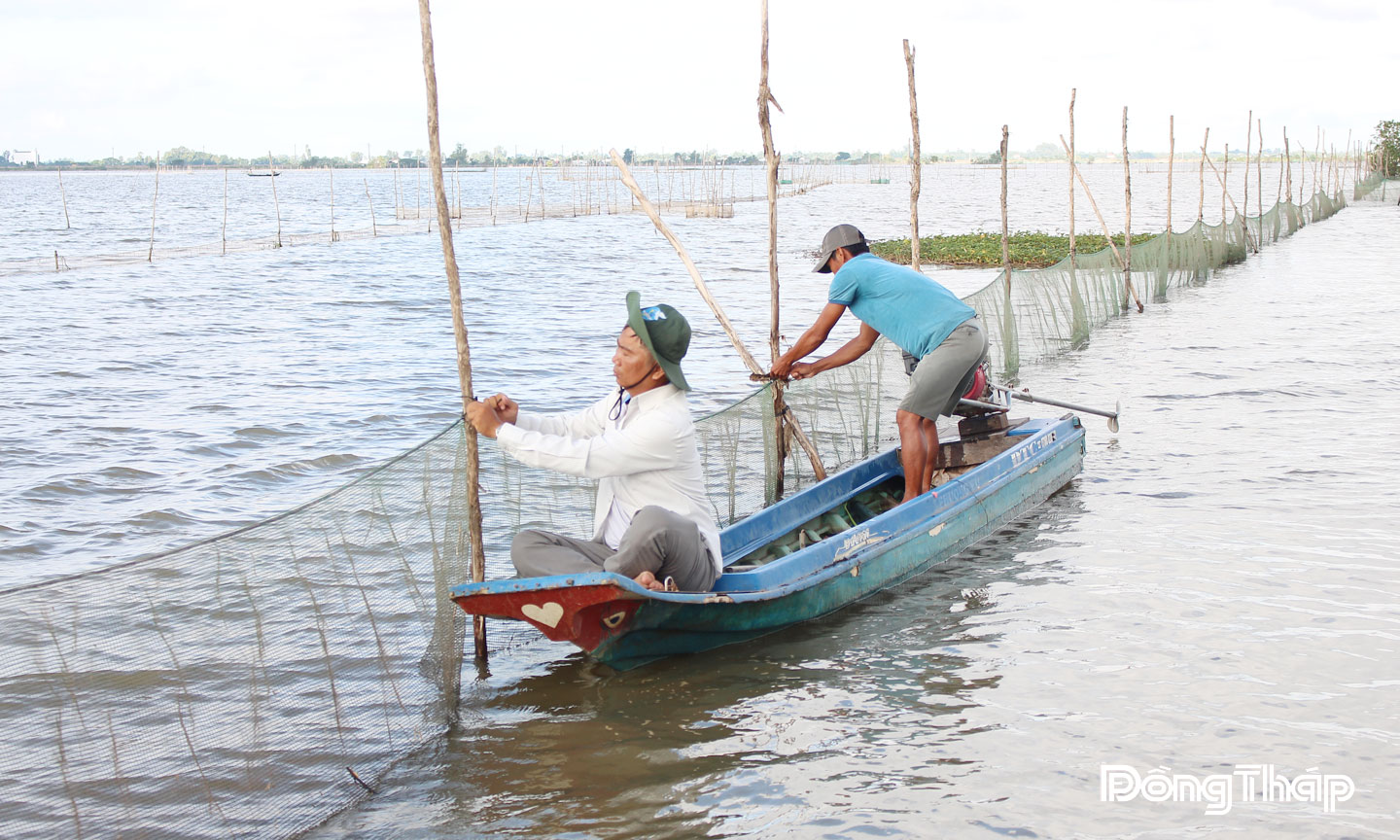 Thành viên Tổ trữ cá đồng mùa nước nổi kiểm tra lưới bao trữ cá,  với diện tích mặt nước 50 ha.