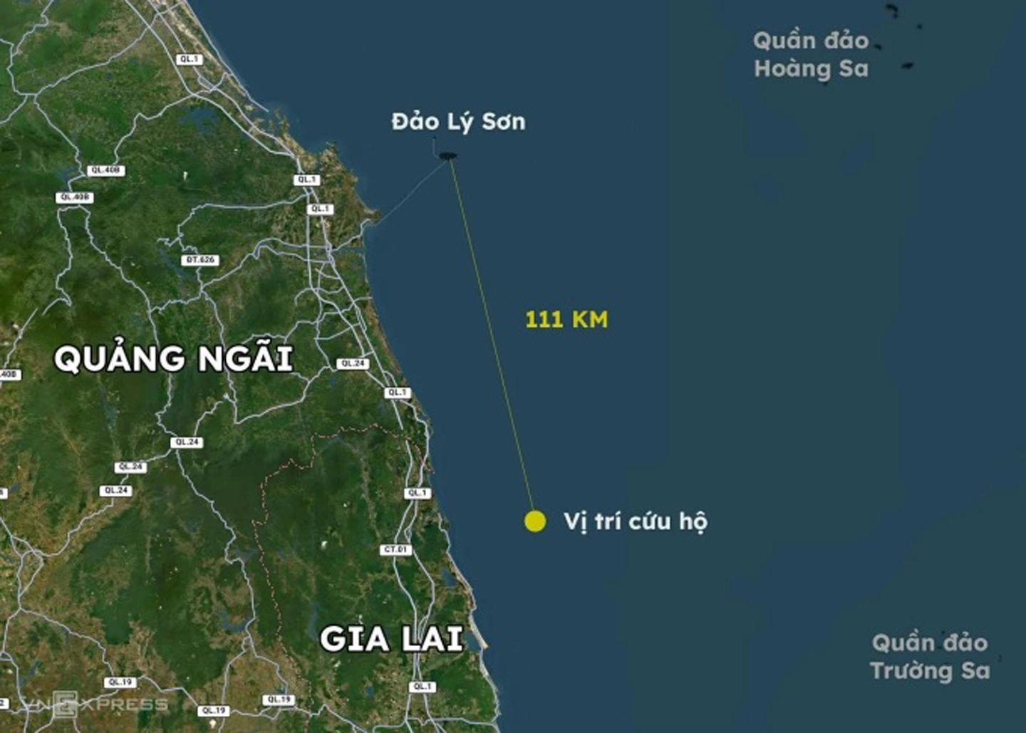Vị trí tàu Hải Nam 39 phát hiện và cứu ông Quang. Đồ họa: Hoàng Thanh