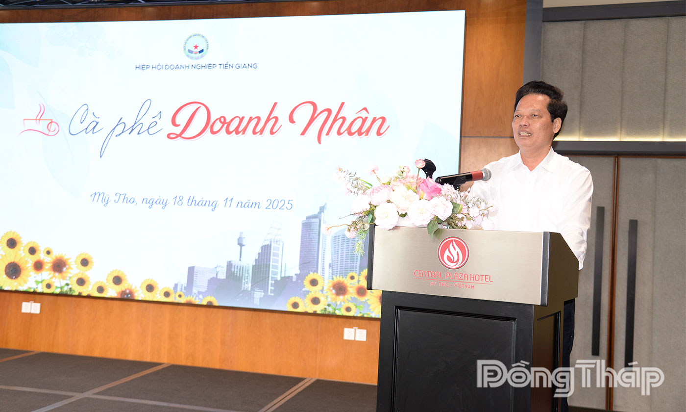Đồng chí Nguyễn Thành Diệu phát biểu tại buổi Cà phê doanh nhân.