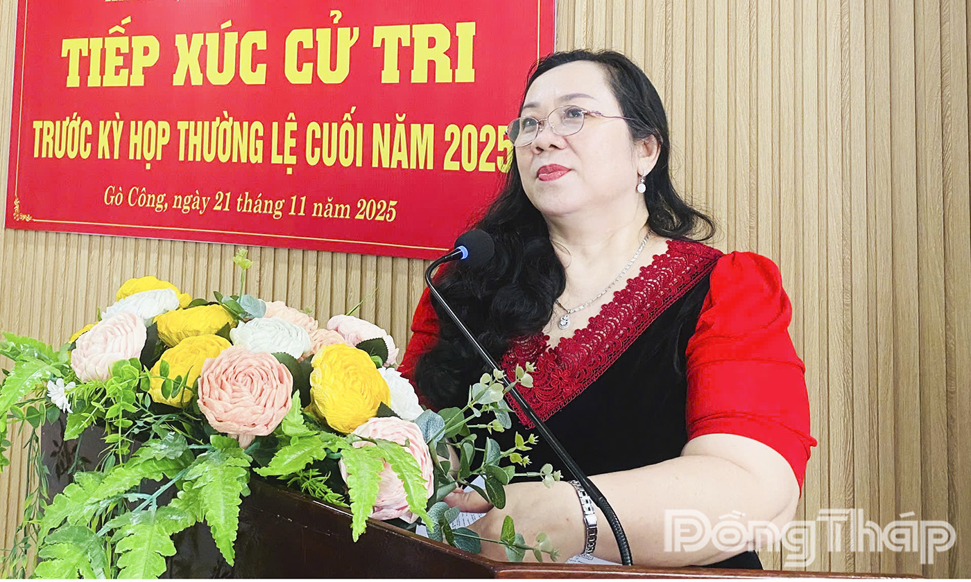 Đồng chí Nguyễn Thị Tuyết Vân, Phó Trưởng Ban Văn hóa - Xã hội HĐND tỉnh Đồng Tháp phát biểu tại buổi tiếp xúc.