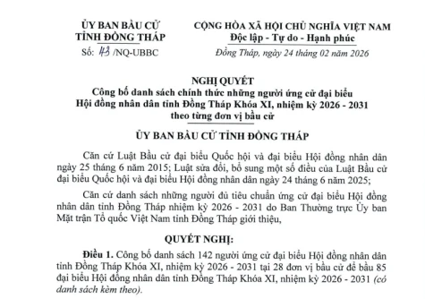 Danh sách chính thức những người ứng cử đại biểu Hội đồng nhân dân tỉnh Đồng Tháp khóa XI, nhiệm kỳ 2026 - 2031